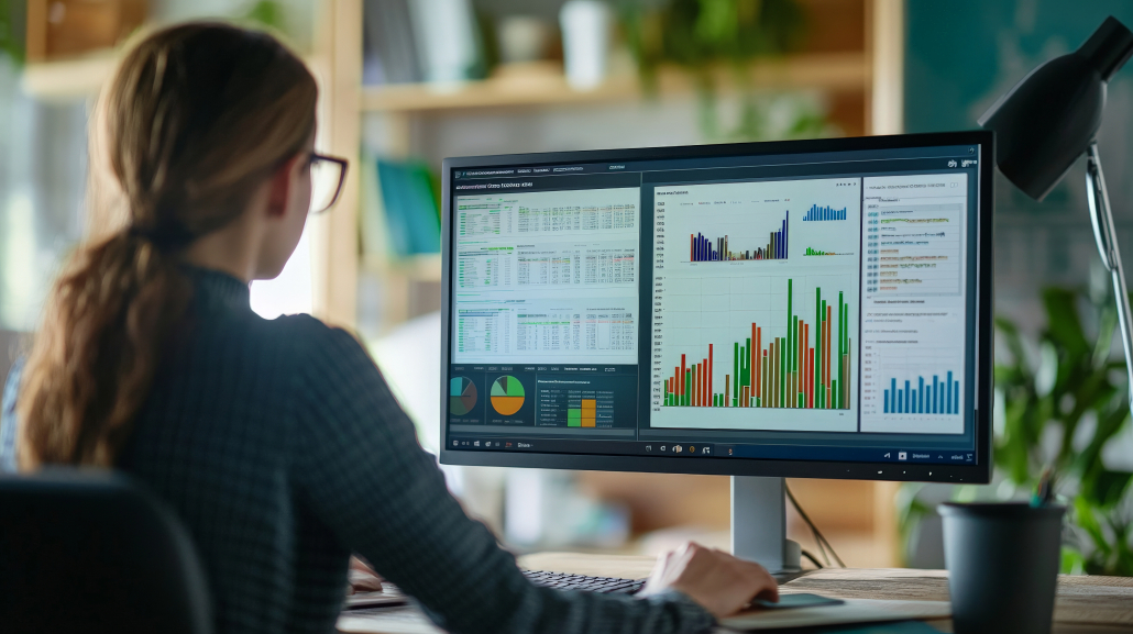 Female analyzing data on computer in modern office with charts and graphs displayed