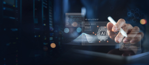 AI Artificial Intelligence. Business woman using AI technology for data analysis, coding computer language with digital brain, machine learning on virtual screen, business intelligence