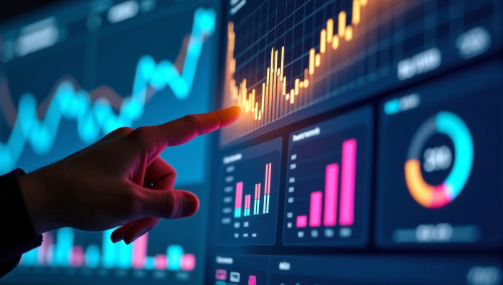 Data analytics dashboard of business marketing or finance. Analyst touching growth graph.