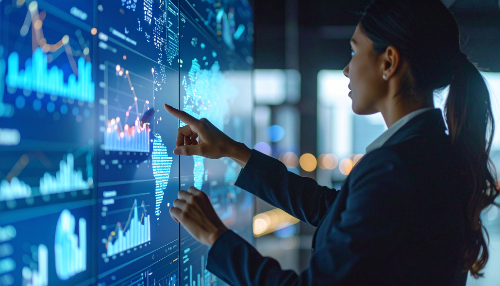 Data Insights and Analysis: A business analyst, deeply engrossed in a high-tech data visualization wall, investigates complex market trends and patterns to gain invaluable insights.