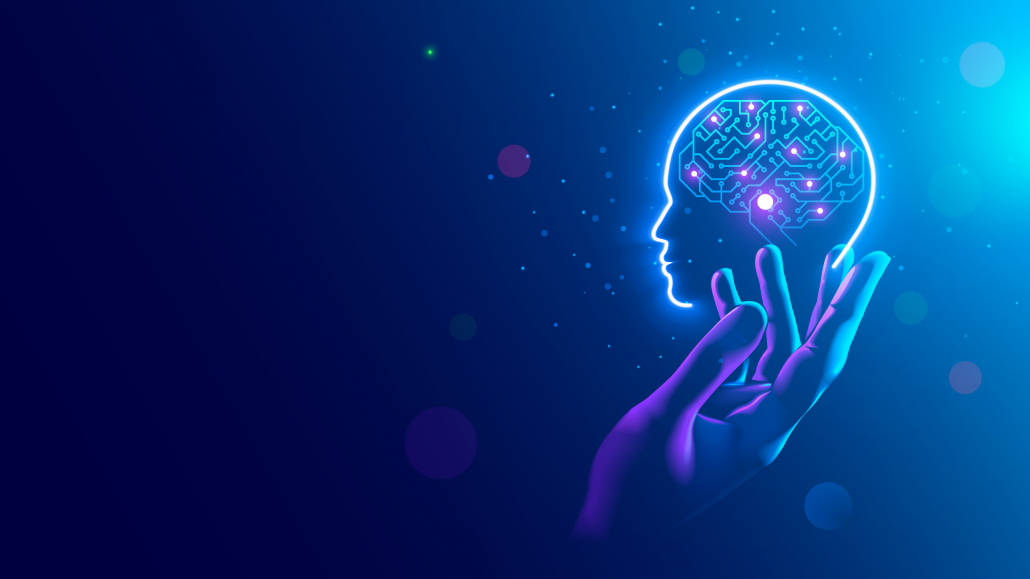 AI. Electronic brain. Neon Silhouette of human head with artificial intelligence hanging over palm hand. Cybernetic artificial neural network. Electronic mind. Neuronet, deep machine learning concept.