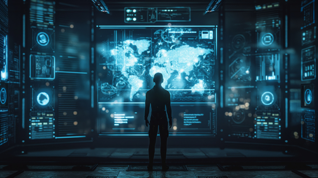 A person views a world map on a large digital screen in a high-tech control room surrounded by advanced technological displays and data
