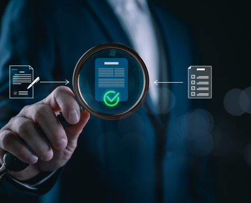 Business professional reviewing and approving digital documents with magnifying glass interface, representing document verification, approval workflow, DMS system, compliance audit, process control.