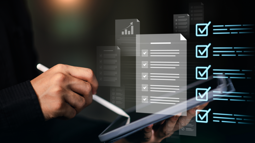 Digital document audit and checklist verification on tablet device. Concept of business management, compliance, and quality assurance for corporate process control and data accuracy improvement.