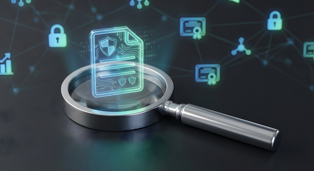 cyber security audit and digital document verification magnifying glass inspecting glowing data encryption icon for privacy compliance information governance and cloud network safety