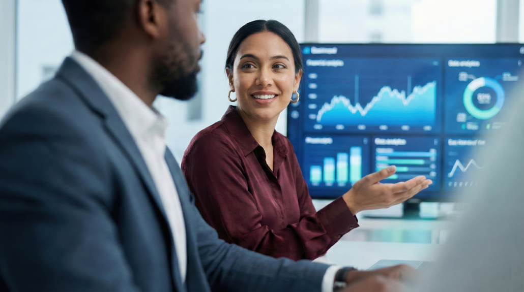 A professional woman in a burgundy shirt presents data analysis to colleagues in a modern office, symbolizing teamwork, business strategy, and financial insight.