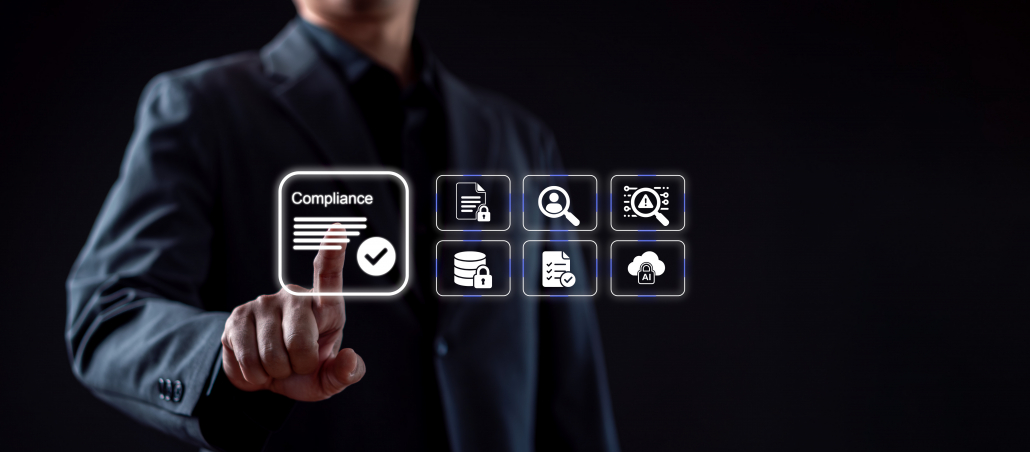 Corporate regulatory compliance and digital data security standard concept. Businessman touching a virtual checkmark button on a futuristic interface with secure cloud and document icons.