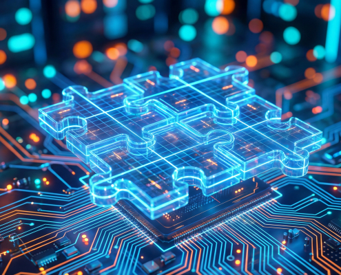 Puzzle pieces forming a complete unit on a circuit board representing technological integration