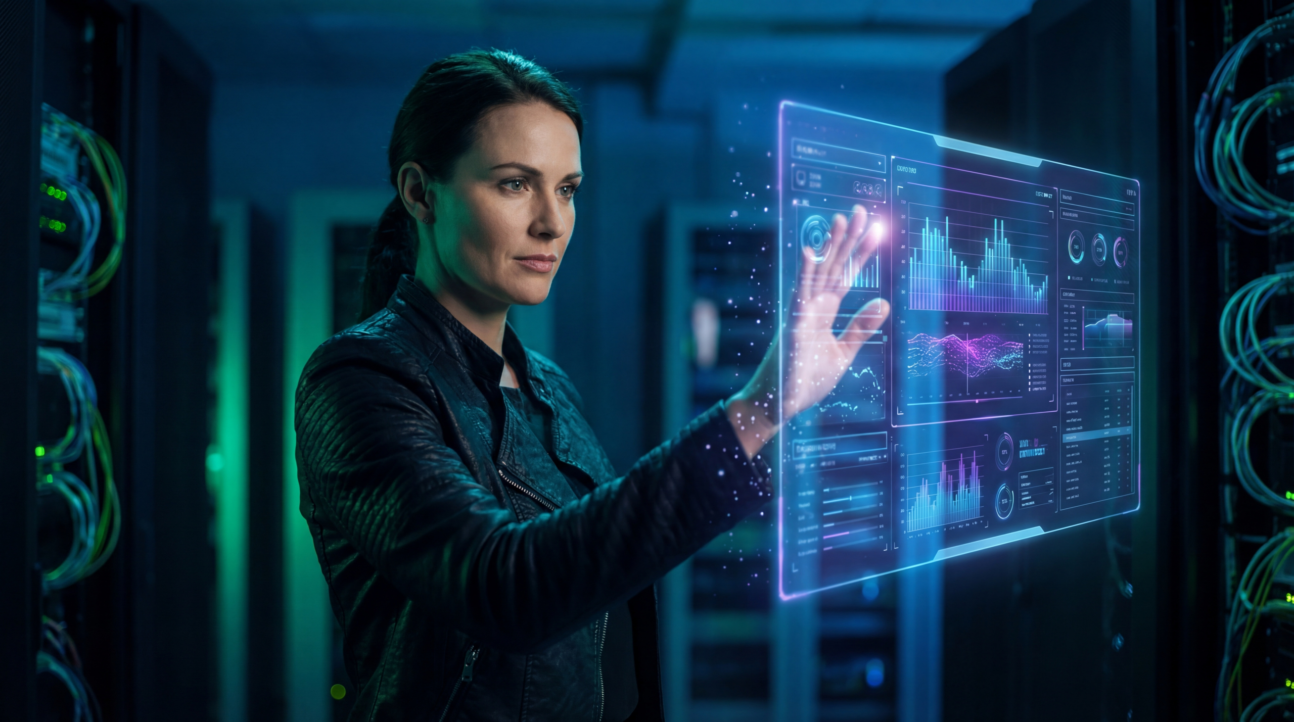 Female IT specialist interacting with a futuristic holographic data display in a server room.