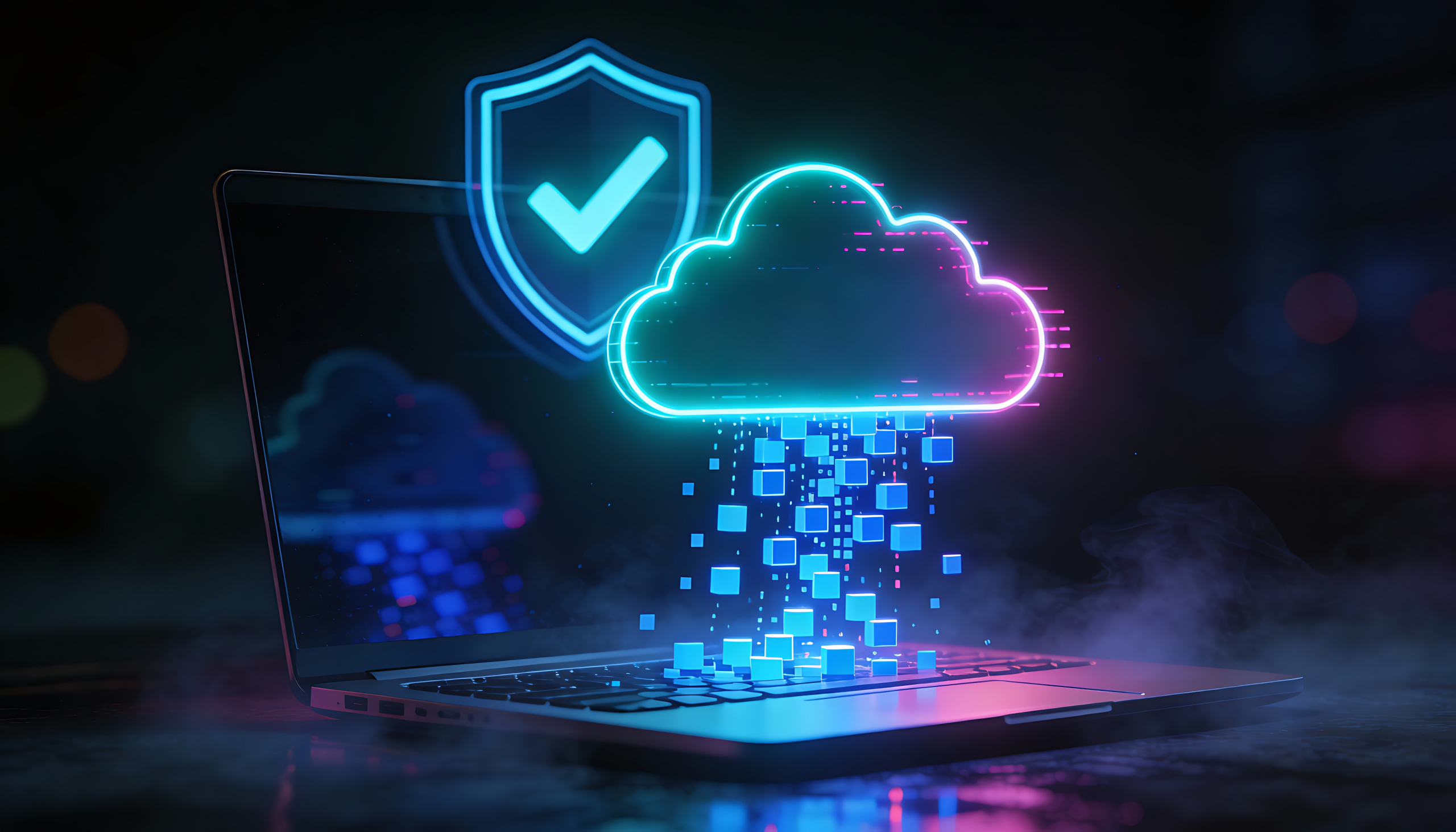 Neon cloud icon pouring glowing data cubes into laptop with shield check representing secure cloud computing data transfer backup and protected storage on dark background
