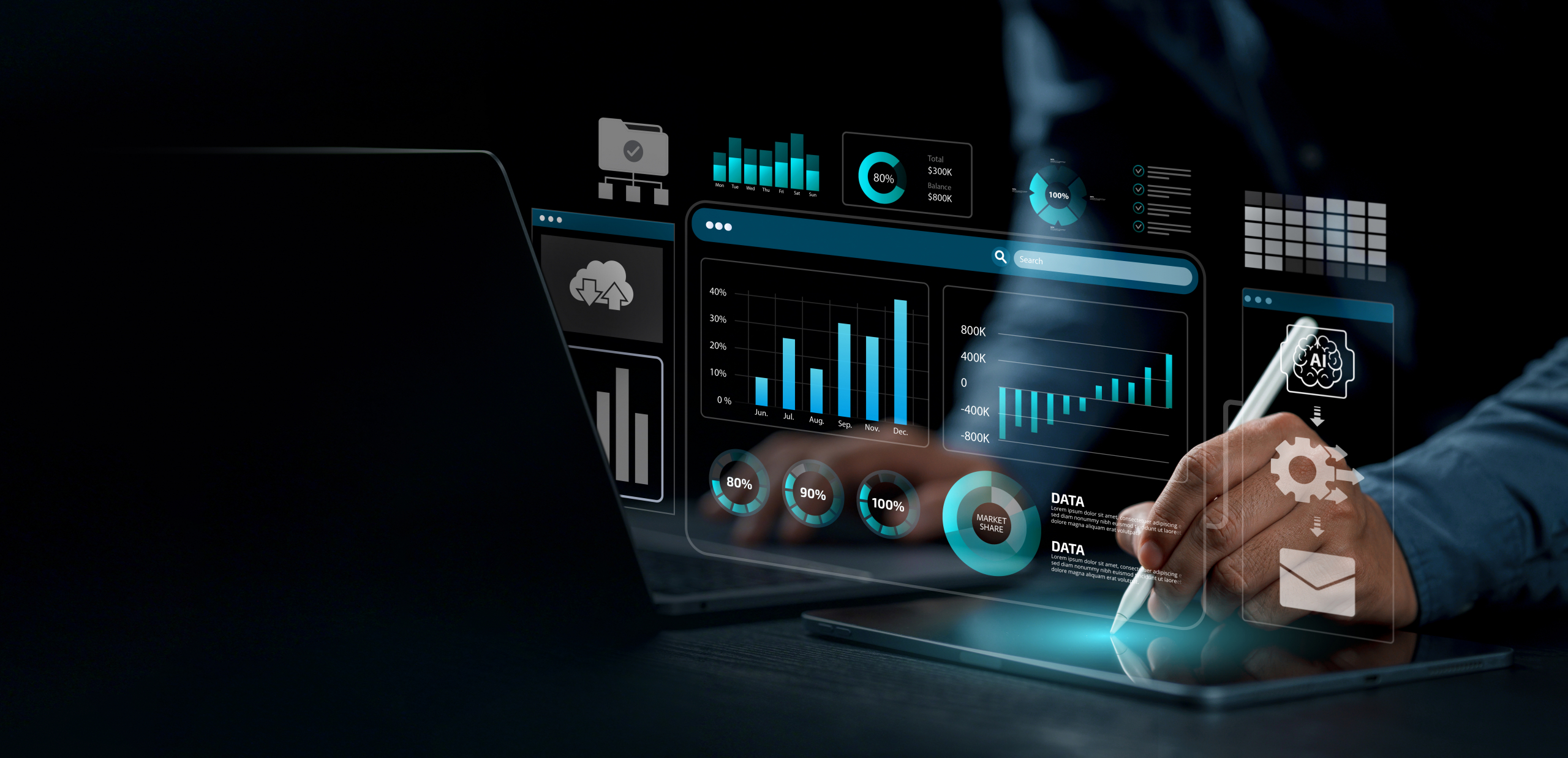 Business intelligence and data analytics concept. Business Analytics and Data Management System on computer to make report with KPI. graph, chart, AI technology. Business process, workflow automation.