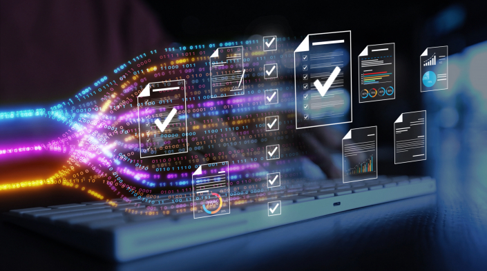 woman analyst uses a computer AI artificial intelligence and dashboard for data business analysis and Data Management System with KPI and metrics connected to the database for technology finance,