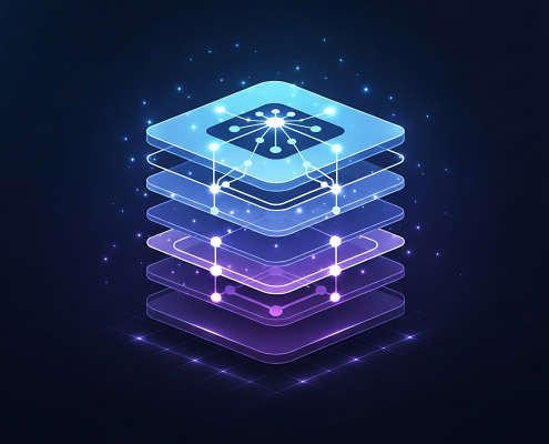 Layered digital platform structure with glowing network nodes and circuit connections representing stack architecture and cloud computing infrastructure.