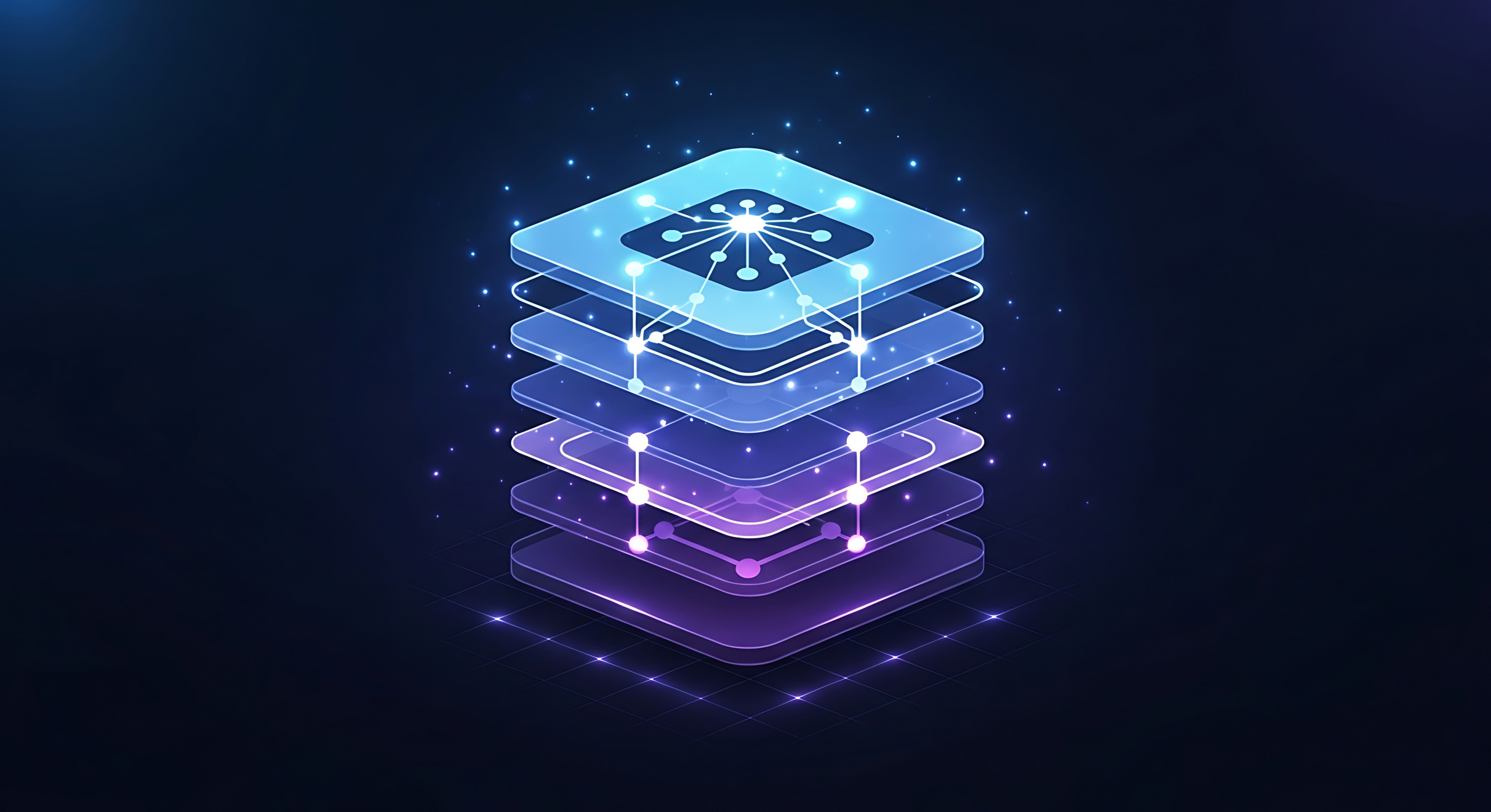 Layered digital platform structure with glowing network nodes and circuit connections representing stack architecture and cloud computing infrastructure.