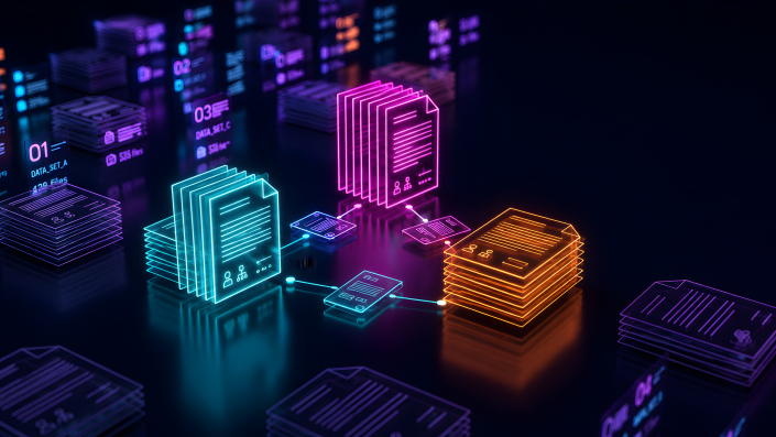 Human resources database network displaying glowing neon document files with user profile icons representing corporate staff management and CRM integration