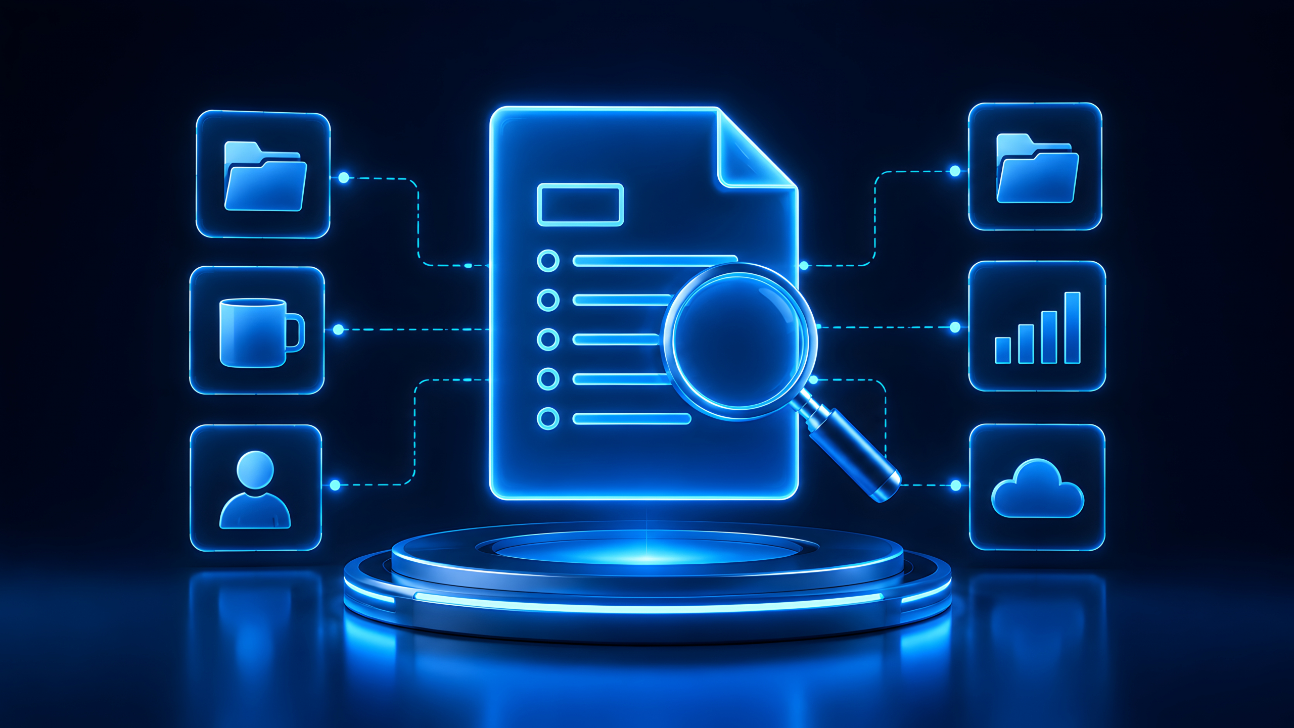 Futuristic neon blue digital document with magnifying glass and connected interface icons representing electronic file management auditing and data search system