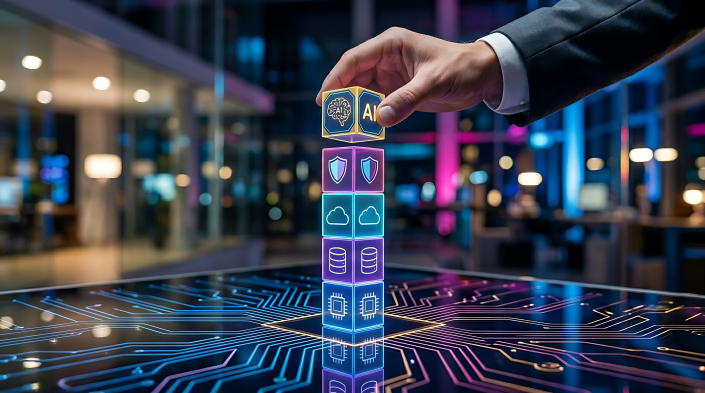 Professional hand places AI cube atop a stack of data, cloud, and security icons, signifying the future of integrated intelligent systems.