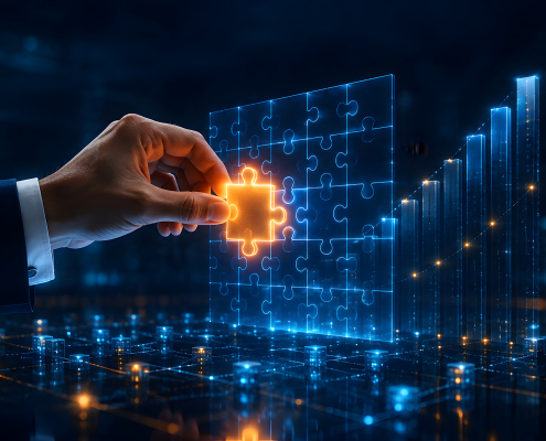 A human hand thoughtfully places a glowing puzzle piece into a digital grid, symbolizing strategic problem-solving, innovative solutions, and achieving future business growth.