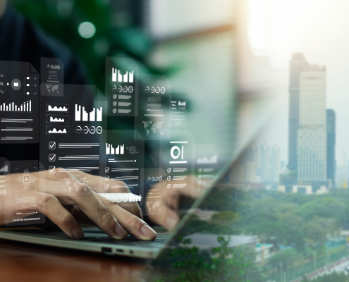Business professional working on laptop with virtual data analytics dashboard, AI interface, and financial charts over modern city skyline, representing digital transformation, smart technology.